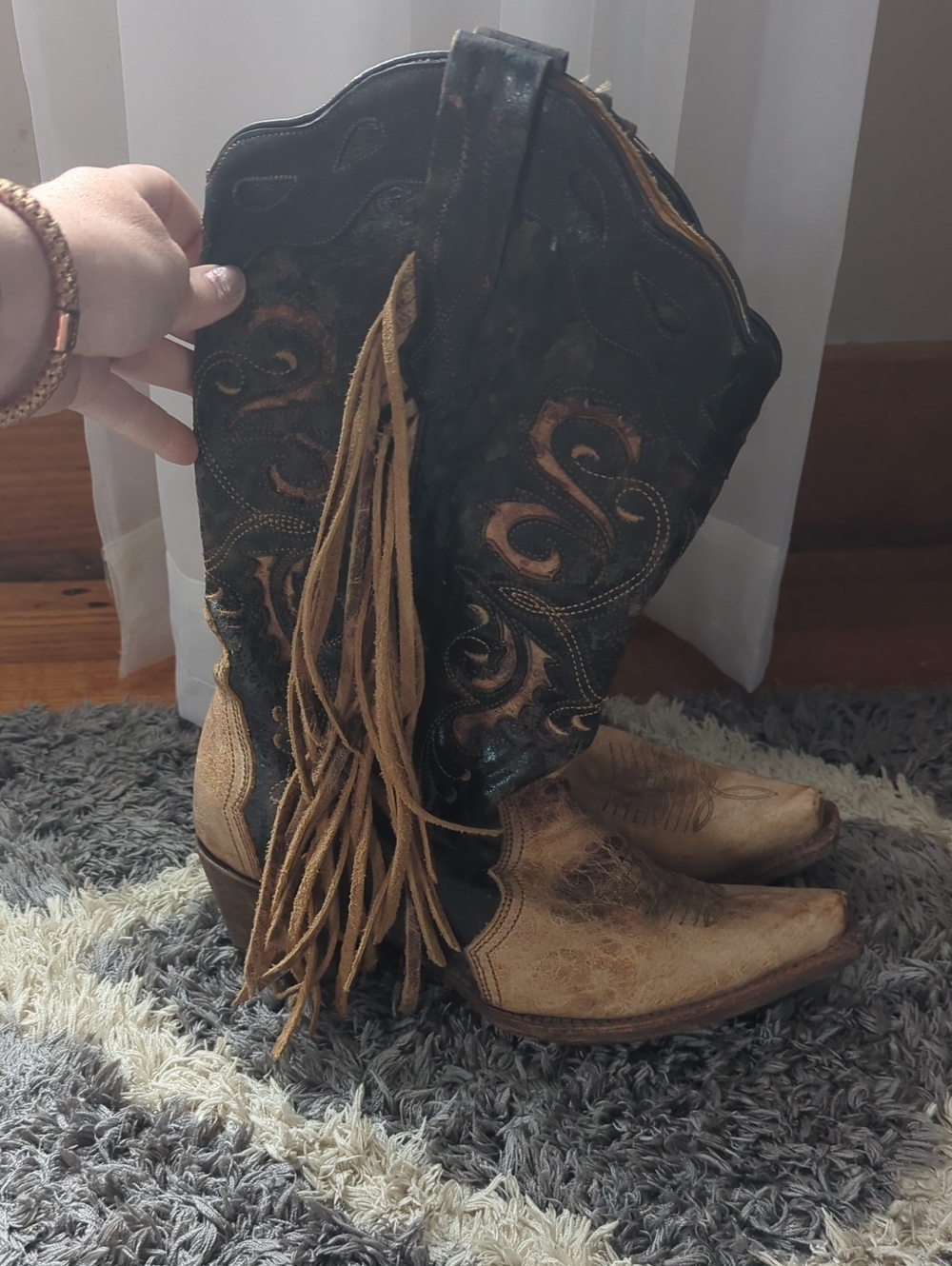 Corral Vintage Two-Tone Fringe Western Cowboy Boots - Black & Tan Size 9